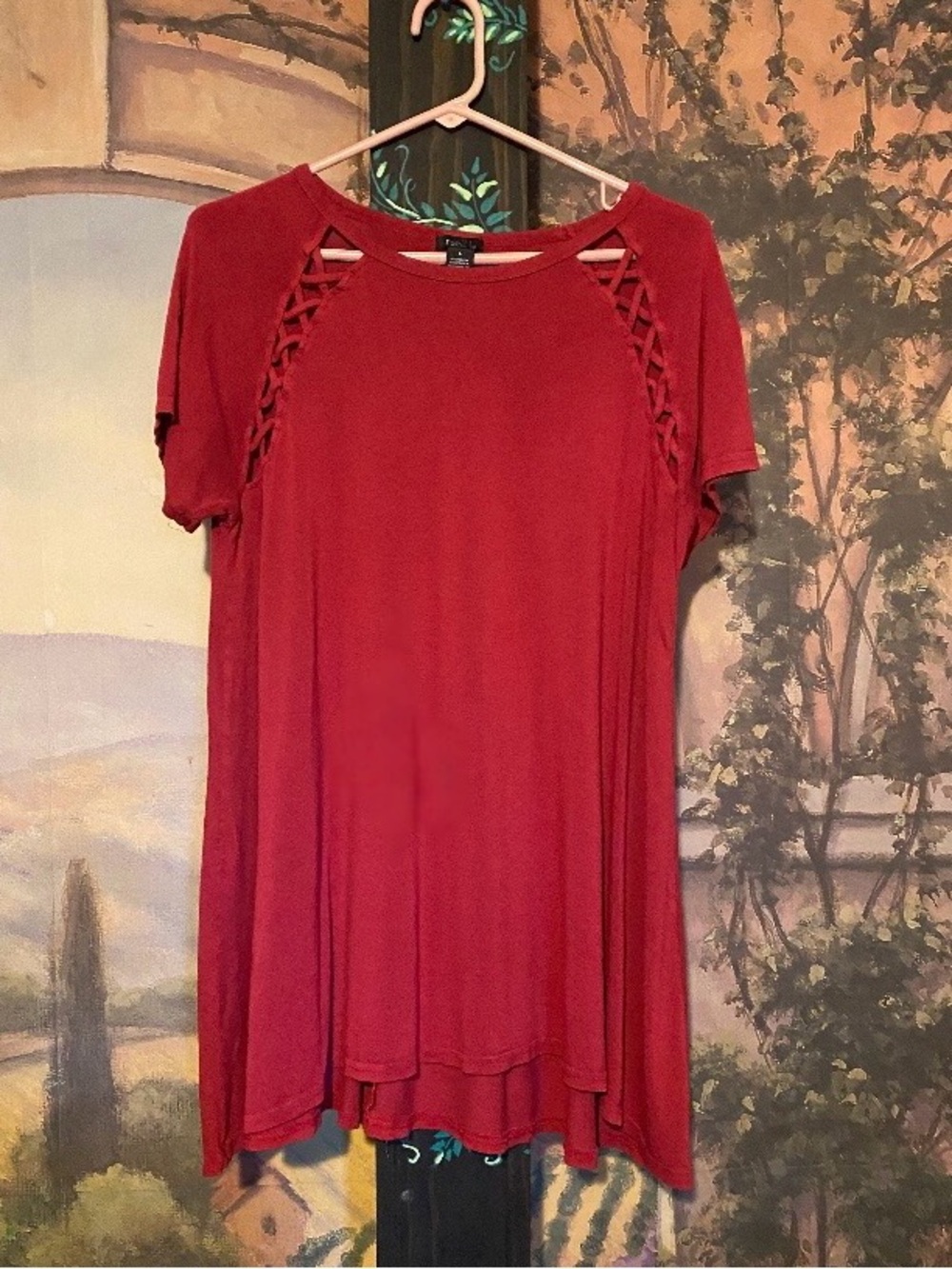 Red Lattice Accent Tunic Top